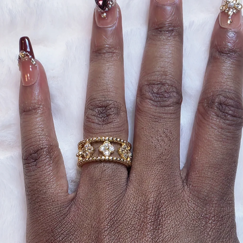 Gold Floral Crystal Band Ring - Women Jewelry